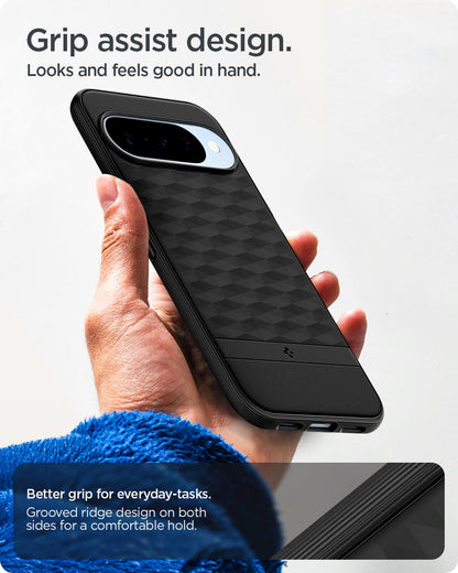 ACS09708 - Pixel 10 Pixel 10 Pro in black showing the grip assist design. Looks and feels good in hand. Better grip for everyday-tasks. Grooved ridge design on both sides for a comfortable hold