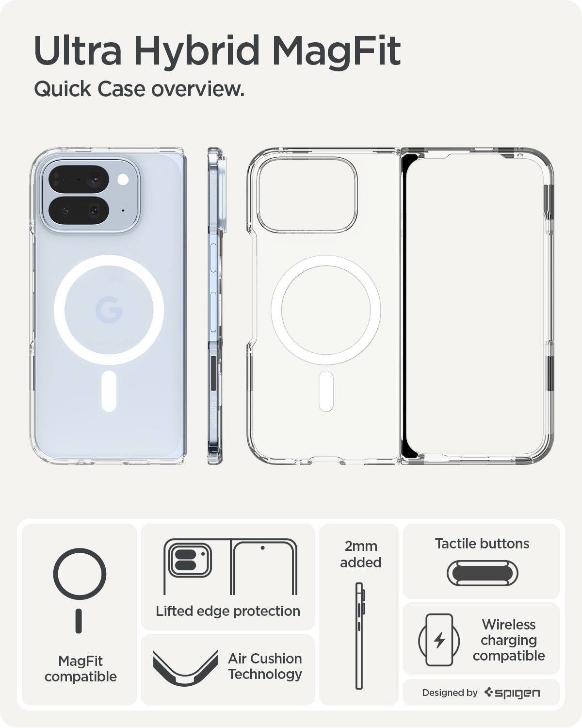 ACS09742 - Pixel 10 Pro Fold Case Ultra Hybrid Metal Ring (MagFit) in crystal clear showing the quick case overview. MagFit compatible, lifted edge protection, Air Cushion Technology, tactile buttons and wireless charging compatible