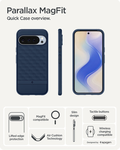 ACS09733 - Pixel 10 Pro XL Case Parallax (MagFit) in midnight blue showing the quick case overview. Lifted edge protection, MagFit compatible, AirCushion Technology, slim design and tactile buttons.