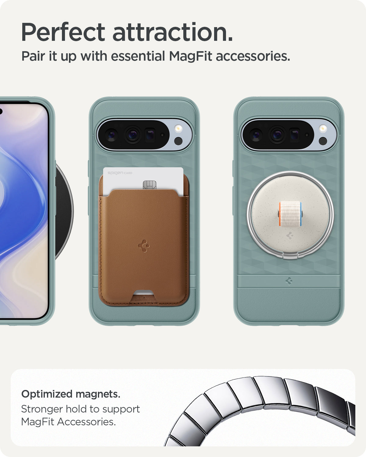 ACS09732 - Pixel 10 Pro XL Case Parallax (MagFit) in sage green showing the perfect attraction. Pair it up with essential MagFit accessories. Optimized magnets. Stronger hold to support MagFit accessories.