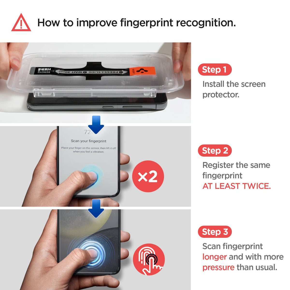 AGL07627 - Galaxy S24 GLAS.tR EZ Fit in Privacy showing how to improve fingerprint recognition. 1. Install the screen protector 2. Register the same fingerprint AT LEAST TWICE 3. Scan fingerprint longer and with more pressure that usual