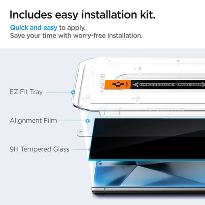 AGL07625 - Galaxy S24 Ultra GLAS.tR EZ Fit in Privacy showing includes easy installation kit. Quick and easy to apply. Save your time with the worry-free installation. EZ Fit Tray, Alignment Film and 9H Tempered Glass