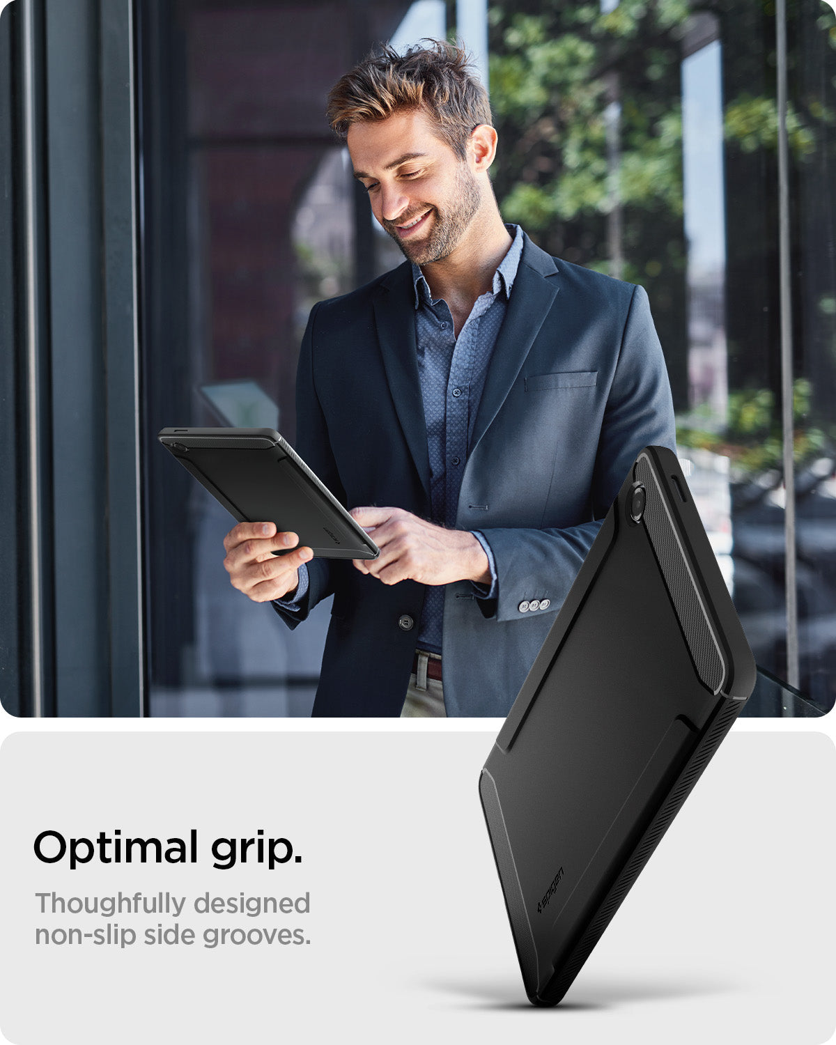 ACS10462 - Galaxy Tab A11 Rugged Armor in Matte Black showing optimal grip. thoughfully designed non slip side grooves
