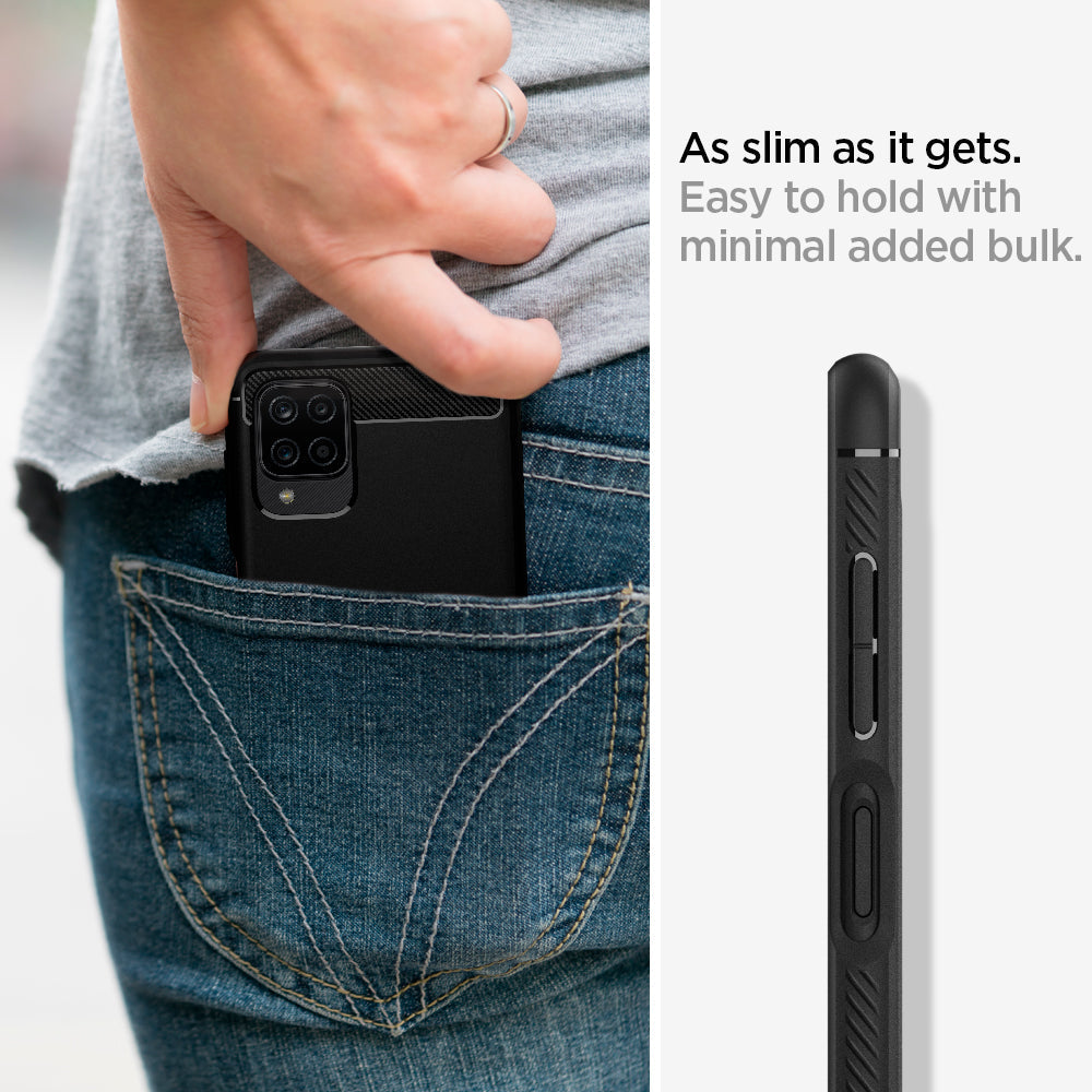ACS02786 - Galaxy A12 Case Rugged Armor in Matte Black showing as slimmer as it gets. Easy to hold with minimal added bulk