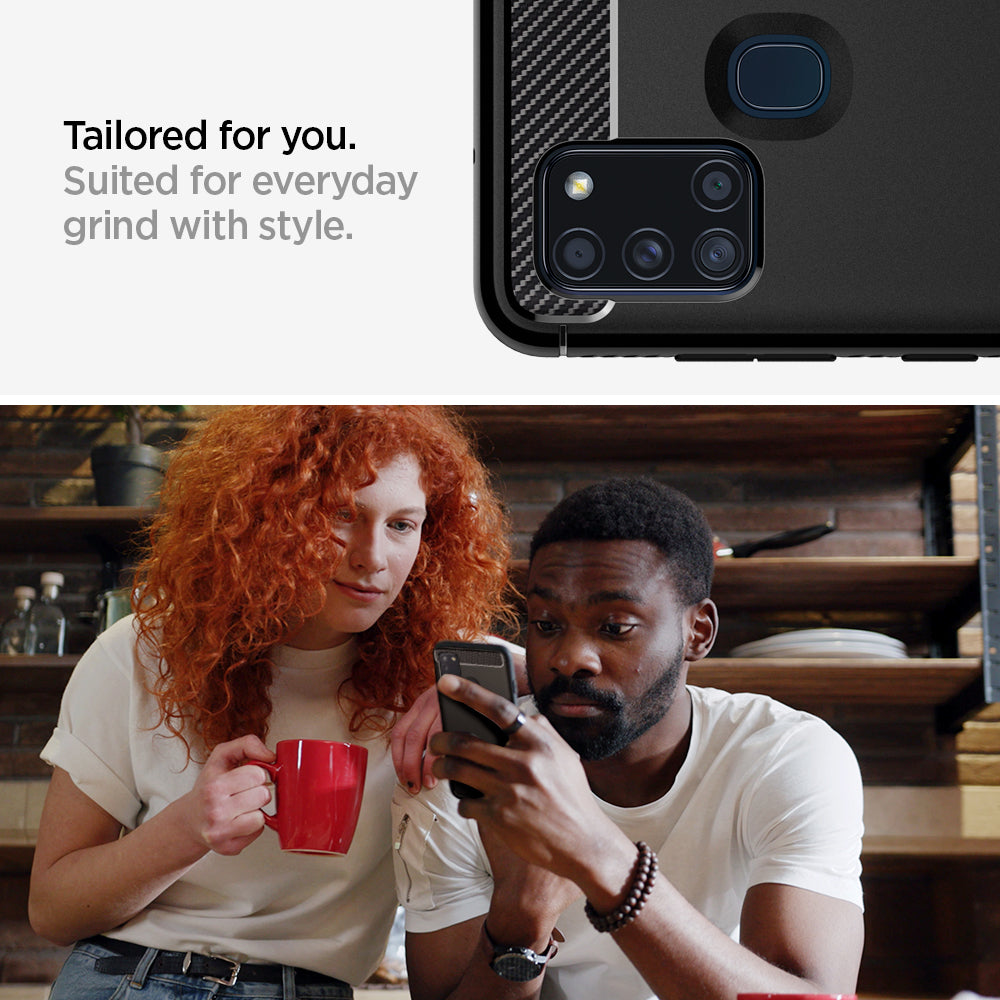 ACS00974 - Galaxy A21s Case Rugged Armor in Matte Black showing how suited for everyday grind with style