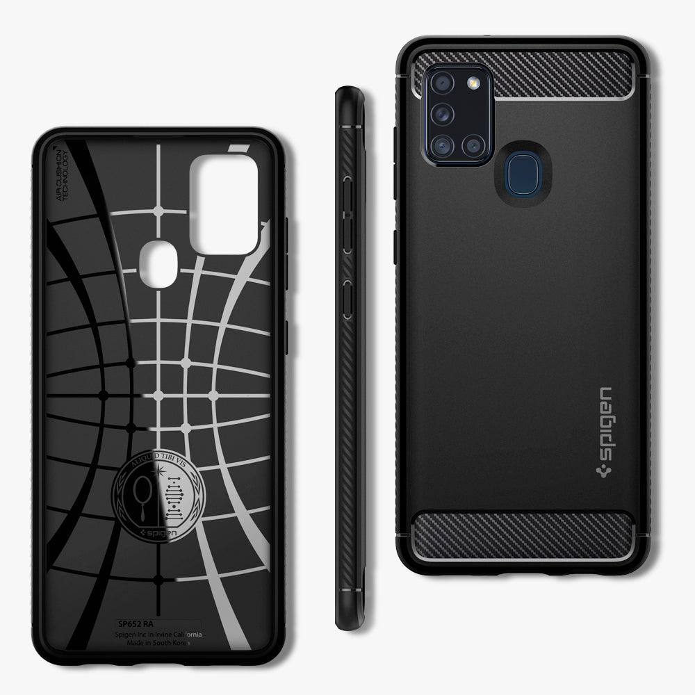 ACS00974 - Galaxy A21s Case Rugged Armor in Matte Black showing the back, inner and side