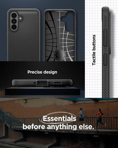 ACS09795 - Spigen Rugged Armor Galaxy A37 5G case showing Air Cushion interior, precise port cutouts, and tactile side buttons
