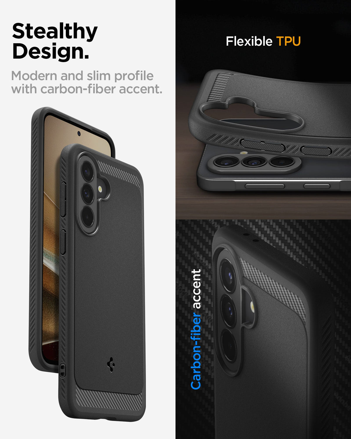ACS09795 - Spigen Rugged Armor Galaxy A37 5G case showcasing slim profile, flexible TPU construction, and carbon fiber accent detail