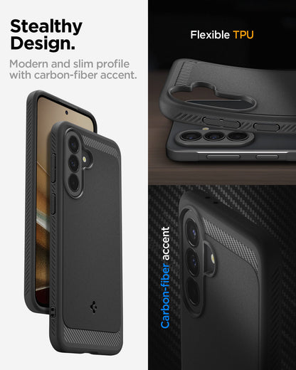ACS09795 - Spigen Rugged Armor Galaxy A37 5G case showcasing slim profile, flexible TPU construction, and carbon fiber accent detail