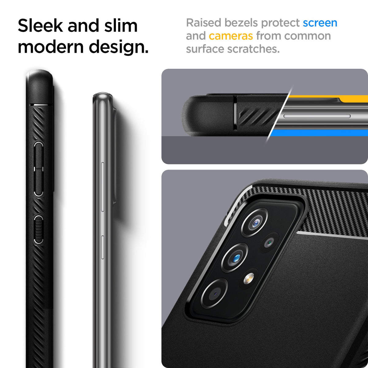 ACS06831 - Galaxy A25 5G Case Rugged Armor in Matte Black showing the sleek and slim modern design. Raised bezels protect screen and cameras from common surface scratches
