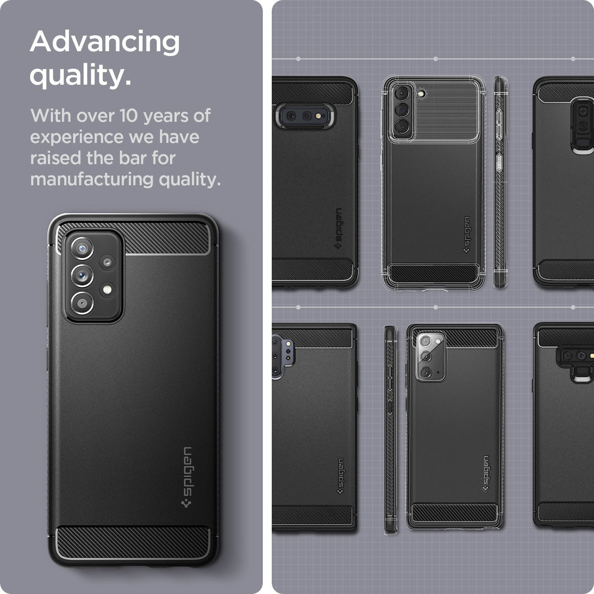 ACS02315 - Galaxy A52 Case Rugged Armor in Matte Black showing the advancing quality. With over 10 years of experience we have raised the bar for manufacturing quality