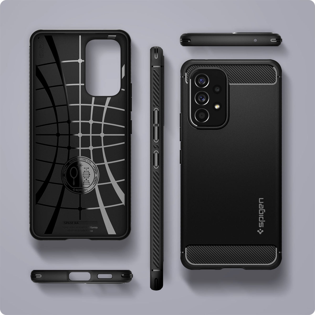 ACS04159 - Galaxy A53 5G Case Rugged Armor in Matte Black showing the inner, back, side, top and bottom