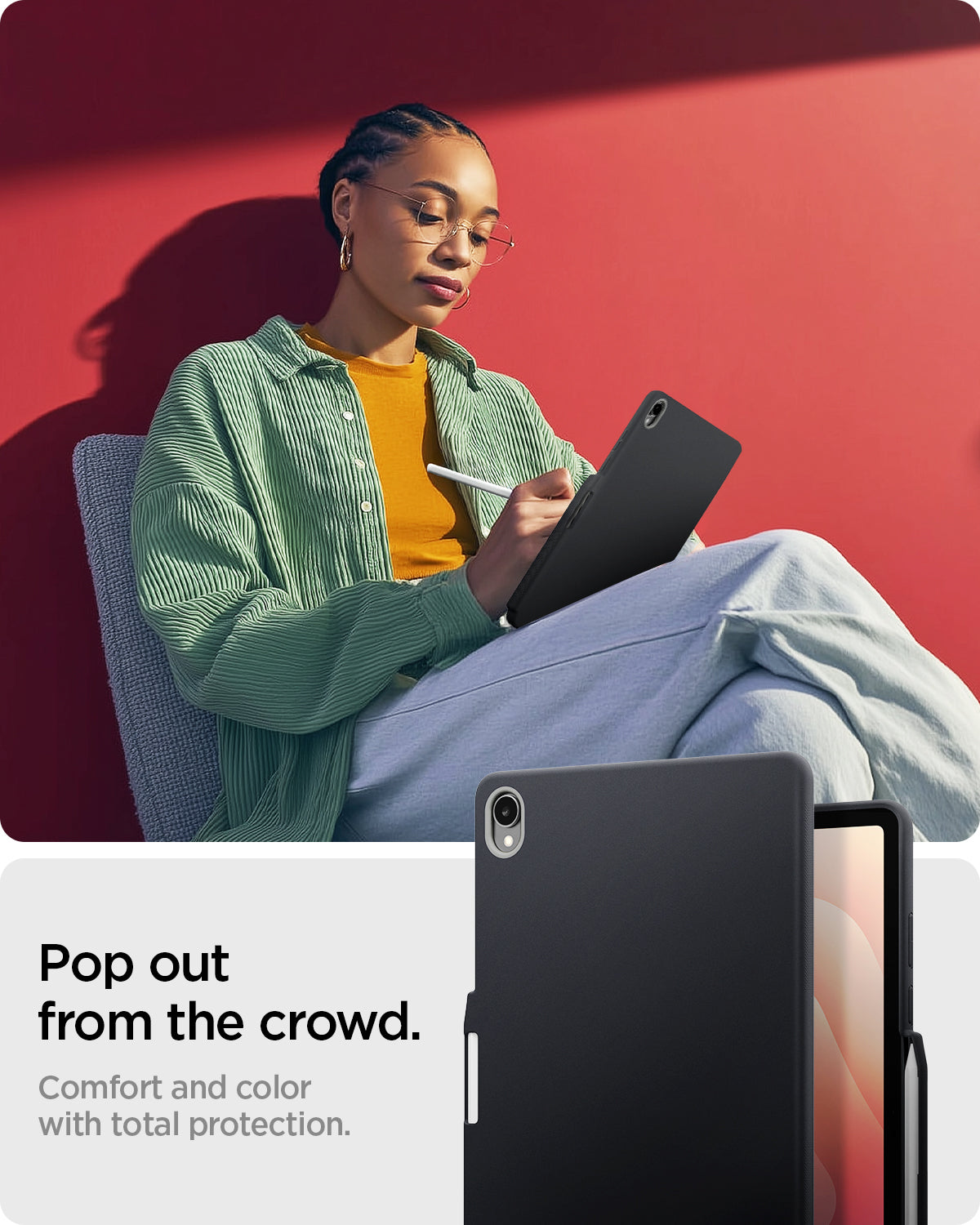 ACS10214 - Galaxy Tab S11 Nano Pop in Black Sesame showing pop out from the crowd. comfort and color with total protection