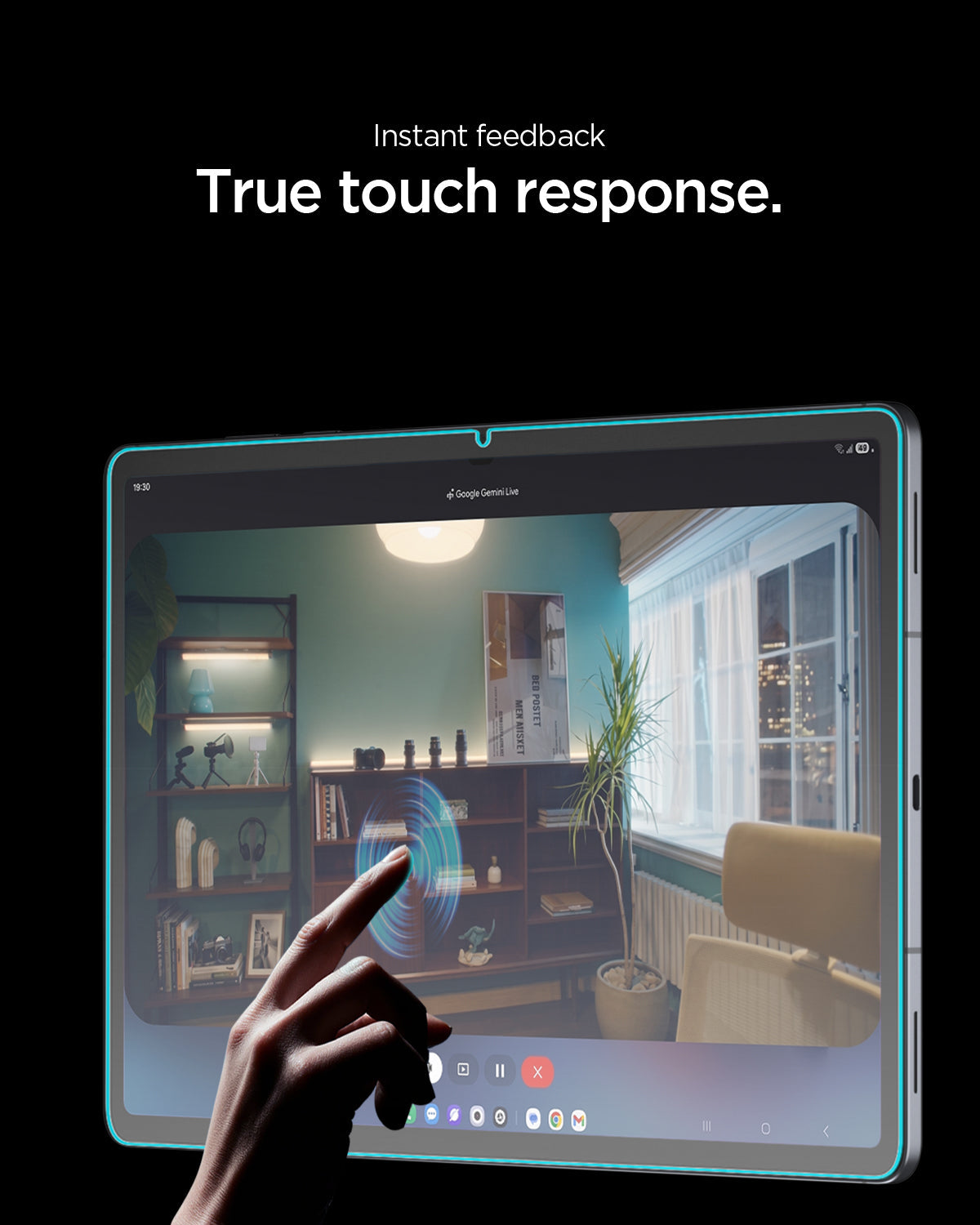 AGL11954 - Galaxy Tab S12+ Glas.tR EZ Fit Pro showing a finger touching the protected tablet display to demonstrate responsive touch sensitivity.