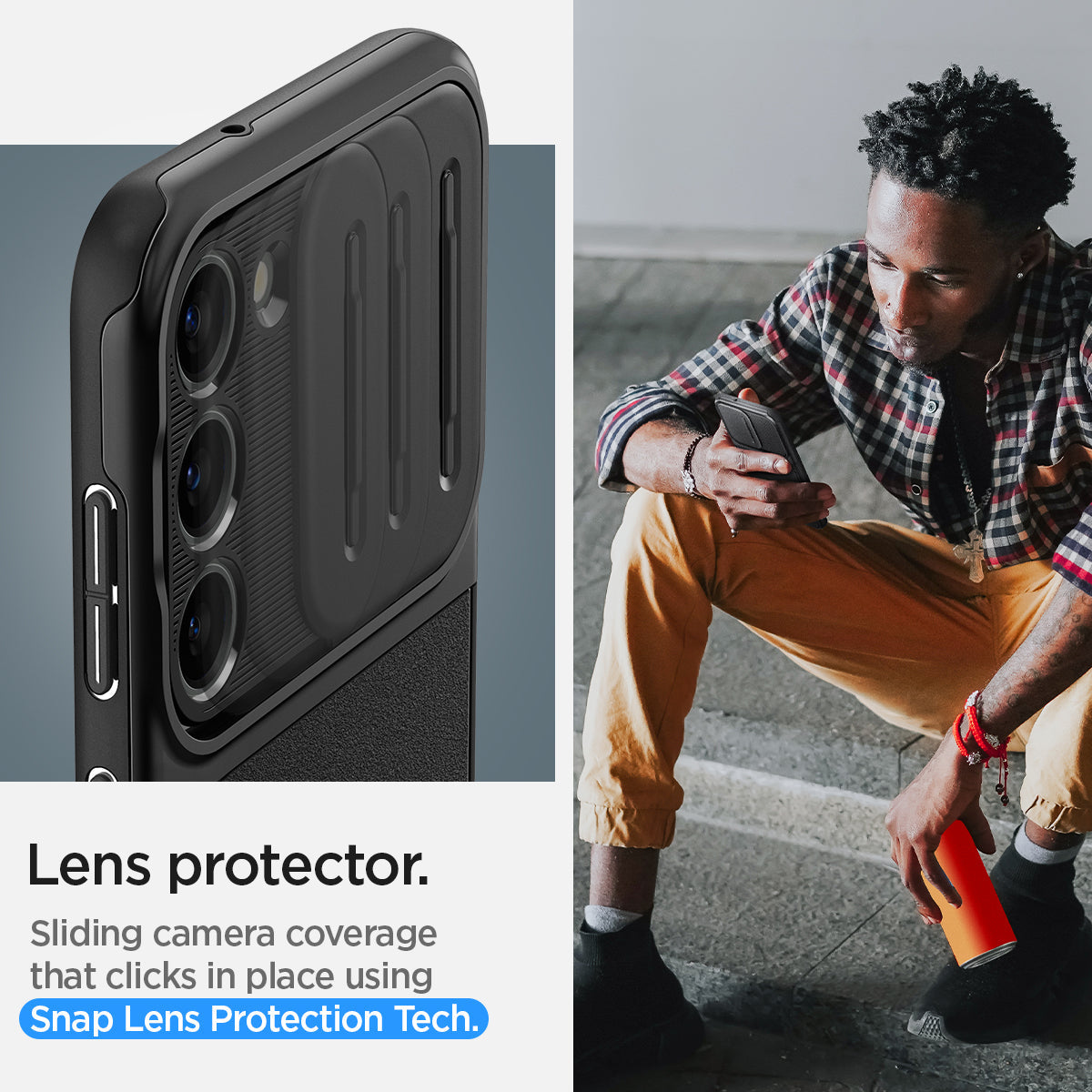 ACS05733 - Galaxy S23 Case Optik Armor in black lens protector. Gliding camera coverage that clicks n place using Snap lens protection tech.