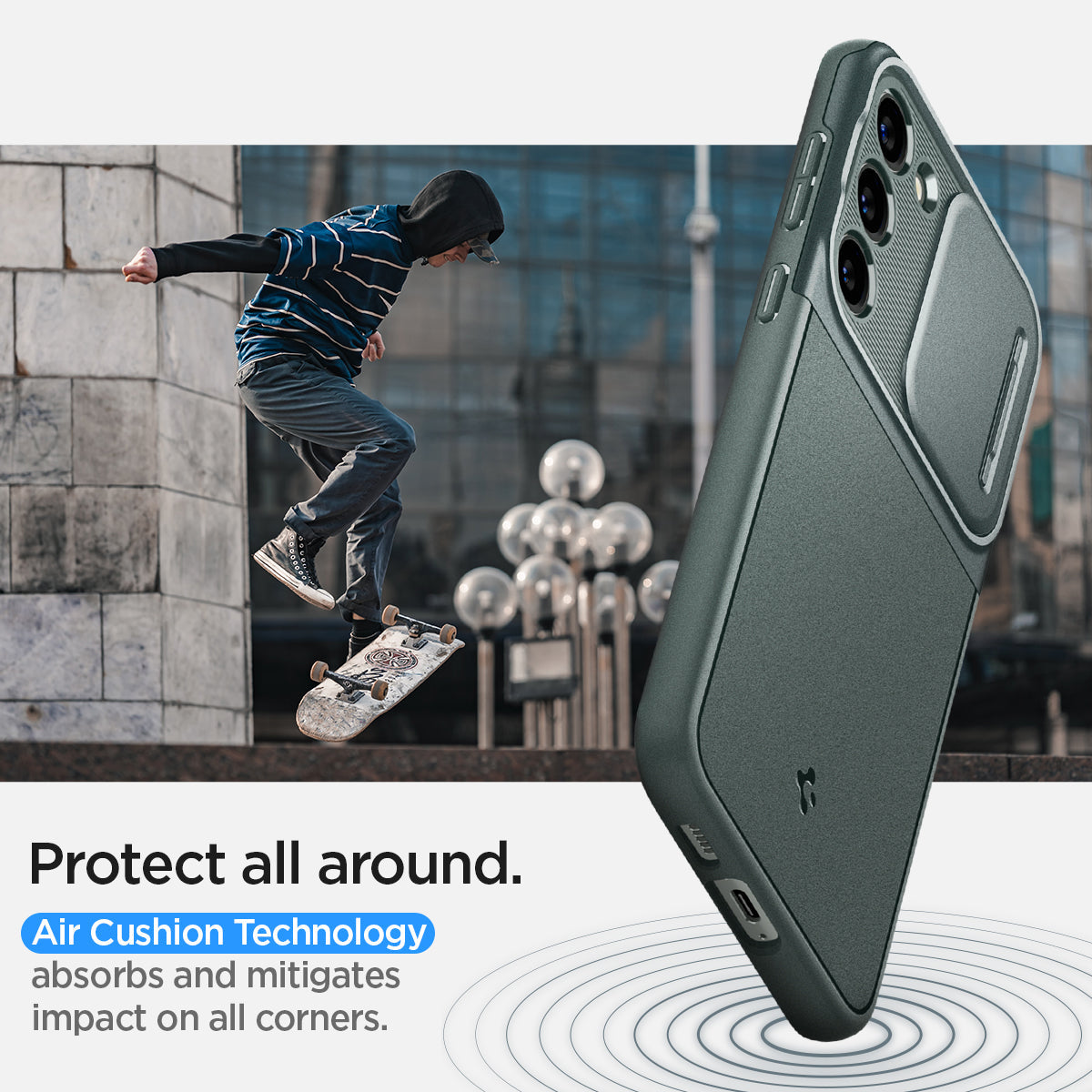 ACS06088 - Galaxy S23 Case Optik Armor in abyss green protect all around. Air cushion technology absorbs and mitigates impact on all corners.