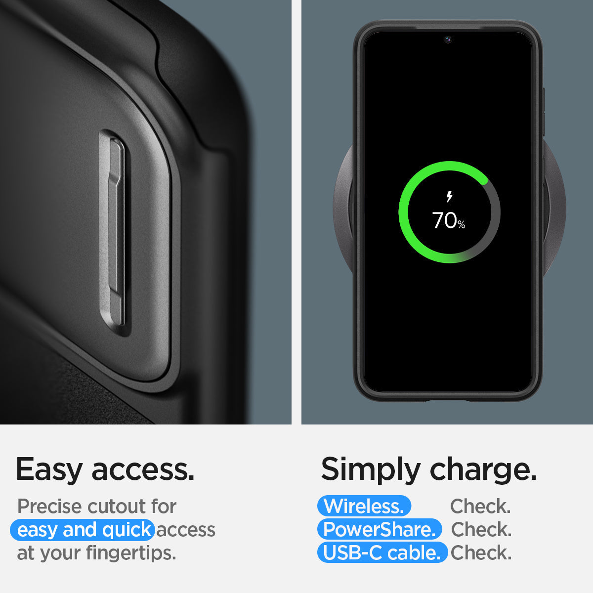 ACS05733 - Galaxy S23 Case Optik Armor in black easy access. Precise cutout for easy and quick access at your fingertips. Simply charge wireless check. power share check. USB-C cable.