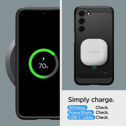 ACS05672 - Galaxy S23 Plus Case Tough Armor in black Simply charge wireless check. power share check. USB-C cable.