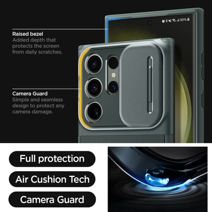 ACS06081 - Galaxy S23 Ultra Case Optik Armor in abyss green raised bezel added depth that protects the screen from daily scratches. camera guard protect the camera against drops and scratches from daily life. full protection. air cushion tech. camera guard.