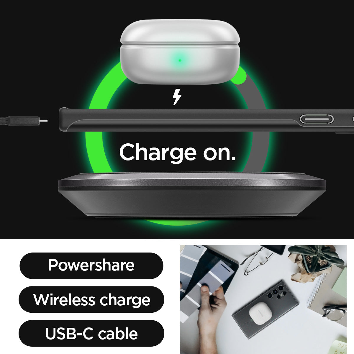 ACS05609 - Galaxy S23 Ultra Case Thin Fit in black showing the powershare, wireless charge, and USB-C cable