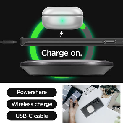 ACS05609 - Galaxy S23 Ultra Case Thin Fit in black showing the powershare, wireless charge, and USB-C cable