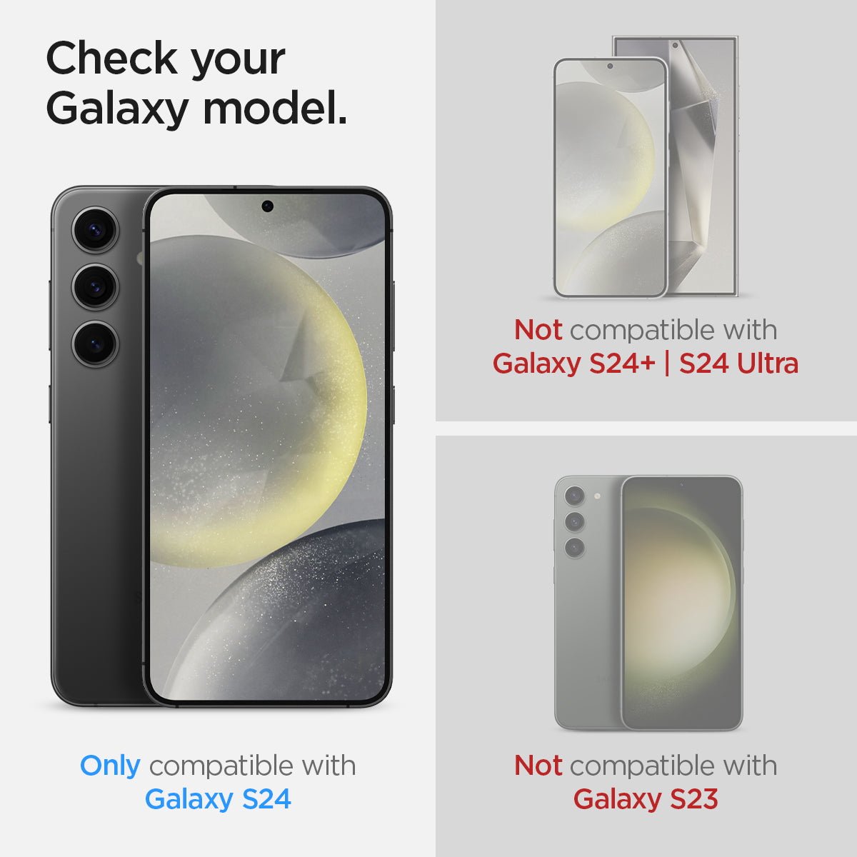 AGL07438 - Galaxy S24 GLAS.tR EZ Fit in Transparency showing the only compatible with Galaxy S24. Not compatible with Galaxy S24 Ultra | S24+ | Galaxy 23