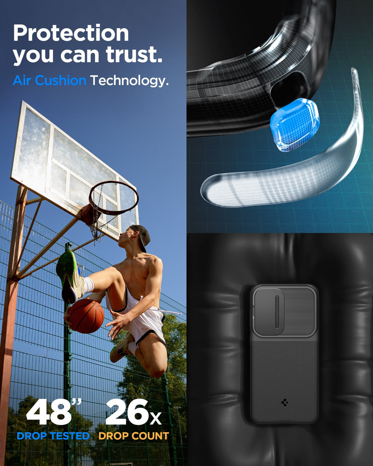 ACS08626 - Galaxy S24 FE Case Optik Armor in Black showing the protection you can trust. 48" drop tested and 26x drop count