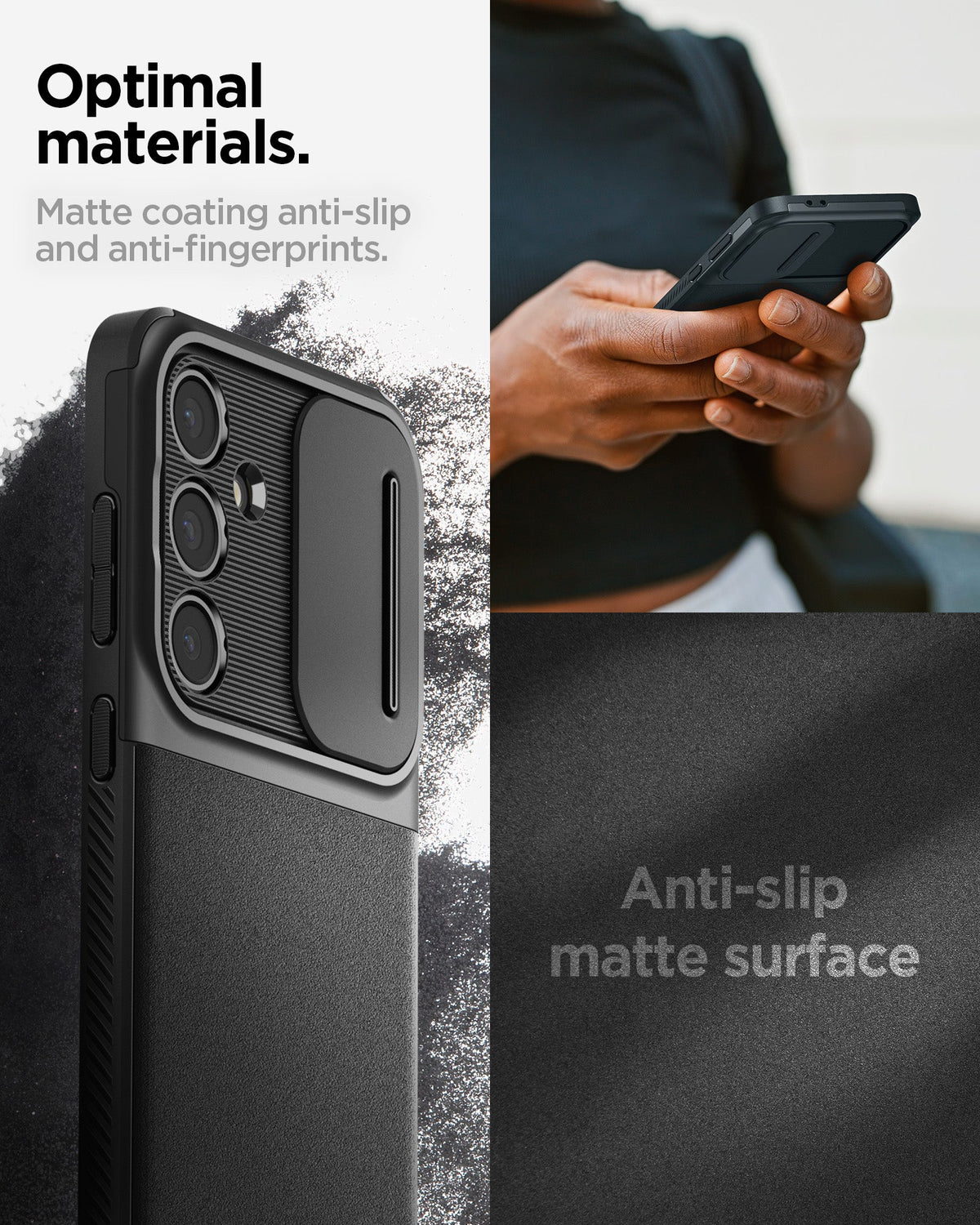 ACS08626 - Galaxy S24 FE Case Optik Armor in Black showing the optimal materials. Matte coating anti-slip and anti- fingerprints with Anti-slip matte surface