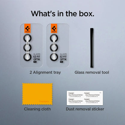 AGL07441 - Galaxy S24 Optik Pro EZ Fit Lens Protector in Black showing what's in the box. 2 Alignment trays, Glass removal tool, Cleaning cloth and Dust removal sticker