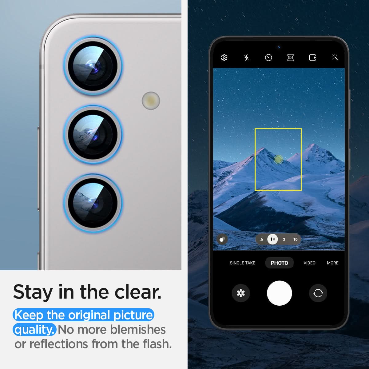 AGL07614 - Galaxy S24 Optik Pro EZ Fit Lens Protector in Marble Gray showing how it stays clear. Keep the original picture quality. No more blemishes or reflections from the flash
