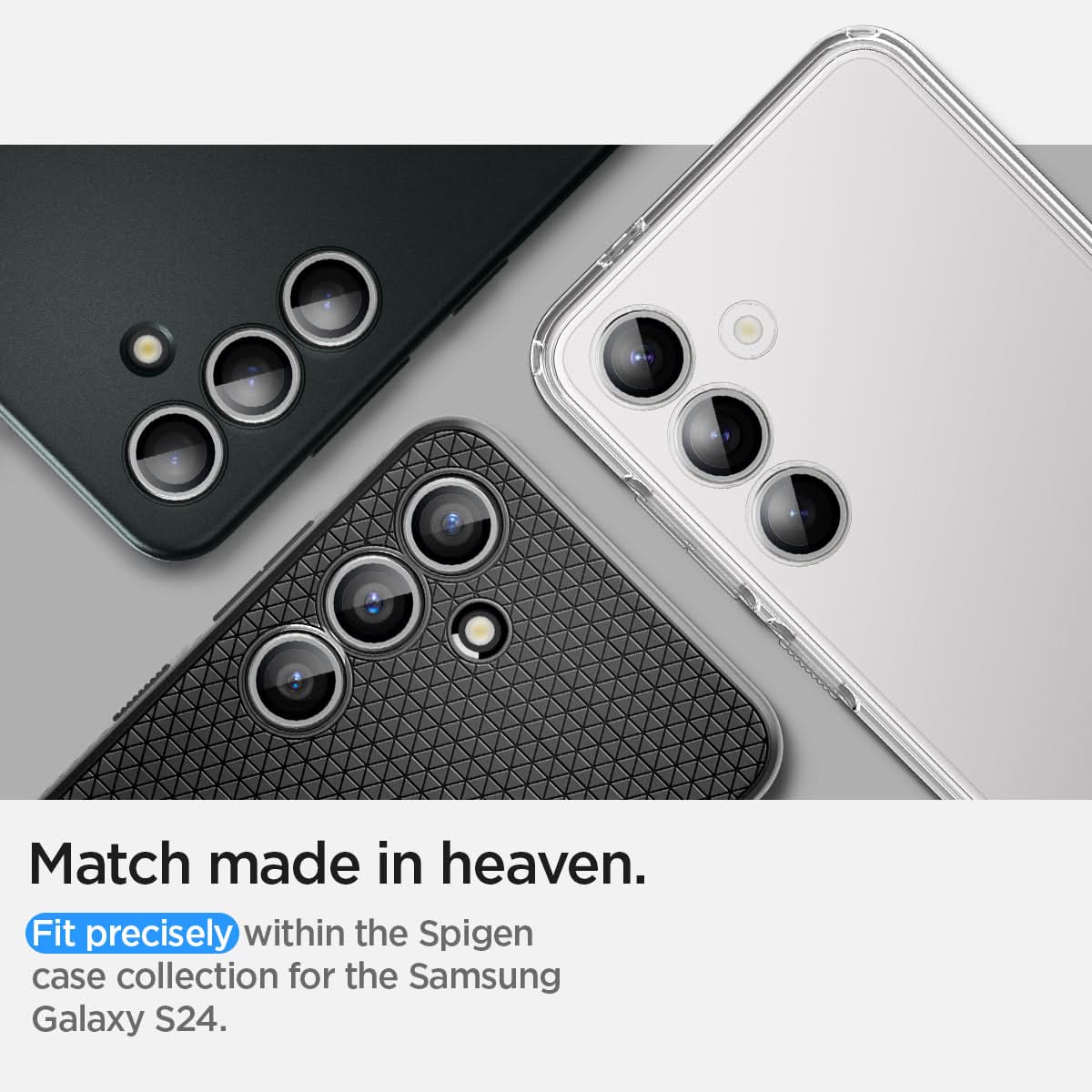 AGL07614 - Galaxy S24 Optik Pro EZ Fit Lens Protector in Marble Gray showing the match made in heaven. Fit precisely within the Spigen case collection for the Samsung Galaxy S24