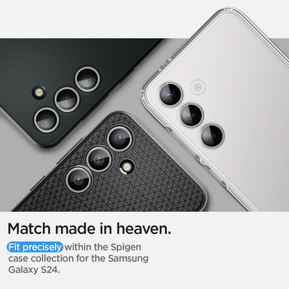 AGL07614 - Galaxy S24 Optik Pro EZ Fit Lens Protector in Marble Gray showing the match made in heaven. Fit precisely within the Spigen case collection for the Samsung Galaxy S24