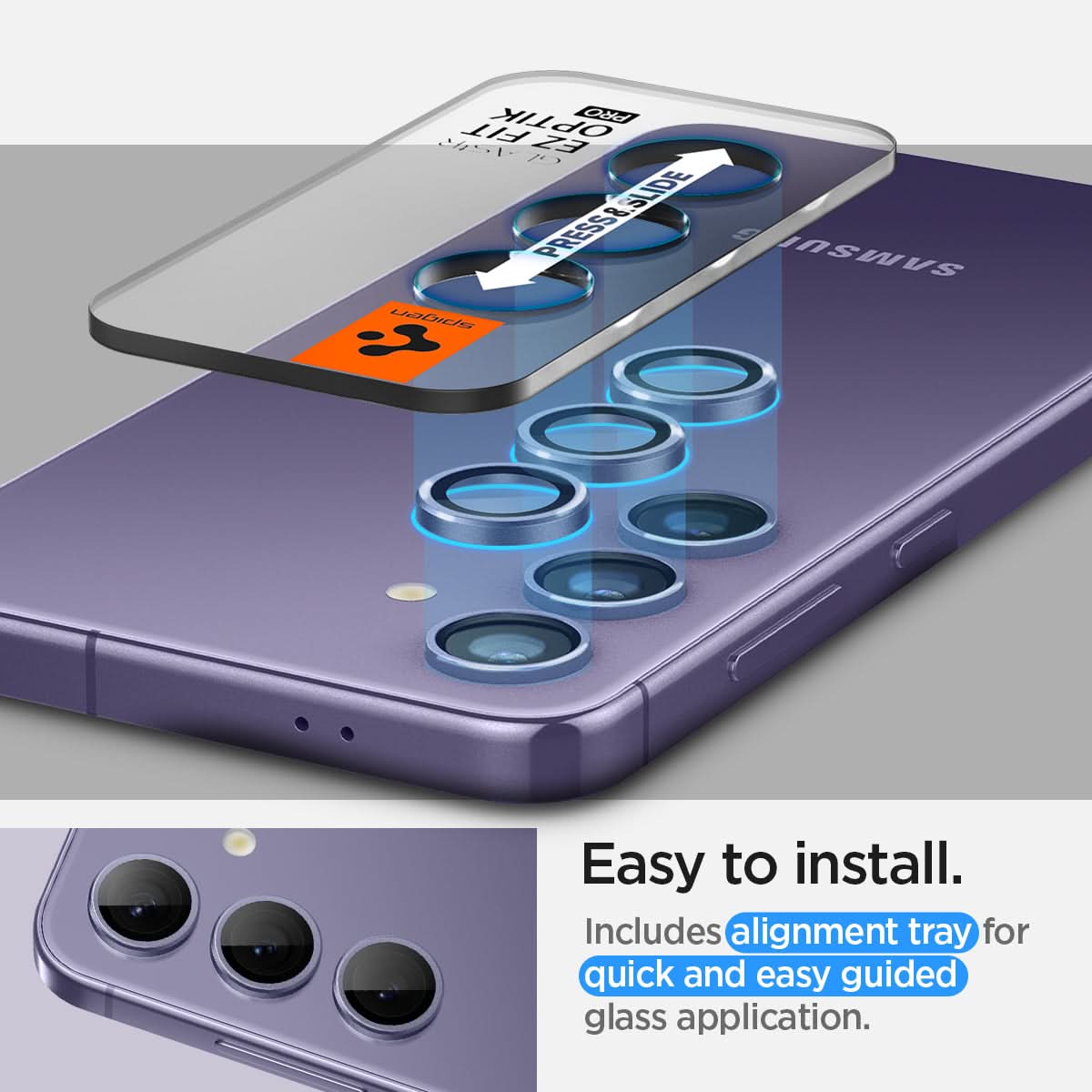 AGL07443 - Galaxy S24 Optik Pro EZ Fit Lens Protector in Violet showing the easy to install. Includes alignment tray for quick and easy guided glass application