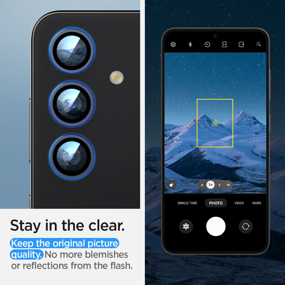 AGL07434 - Galaxy S24 Plus Optik Pro EZ Fit Lens Protector in Gray showing how it stays clear. Keep the original picture quality. No more blemishes or reflections from the flash