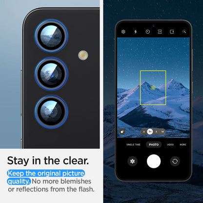 AGL07434 - Galaxy S24 Plus Optik Pro EZ Fit Lens Protector in Gray showing how it stays clear. Keep the original picture quality. No more blemishes or reflections from the flash