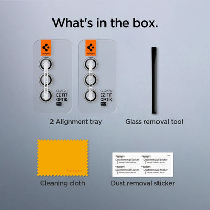 AGL07613 - Galaxy S24 Plus Optik Pro EZ Fit Lens Protector in Marble Gray showing what's in the box. 2 Alignment trays, Glass removal tool, Cleaning cloth and Dust removal sticker