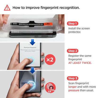AGL07493 - Galaxy S24 Ultra GLAS.tR EZ Fit in Transparency showing how to improve fingerprint recognition. 1. Install the screen protector 2. Register the same fingerprint AT LEAST TWICE 3. Scan fingerprint longer and with more pressure than usual