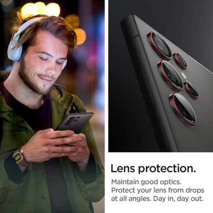AGL07585 - Galaxy S24 Ultra Optik Pro EZ Fit Lens Protector in L-Series showing the lens protection. Maintain good optics. Protect your lens from drops at all angles. Day in, day out