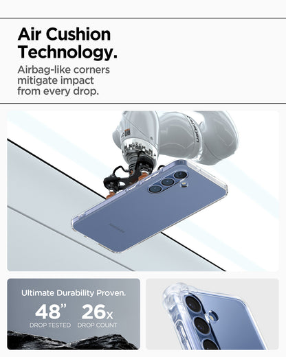 ACS08974 - Galaxy S25 Plus Case Liquid Crystal in Crystal Clear showing the Air Cushion Technology. Airbag-like corners mitigate impact from every drop. Ultimate durability proven. 48" drop tested and 26x drop count
