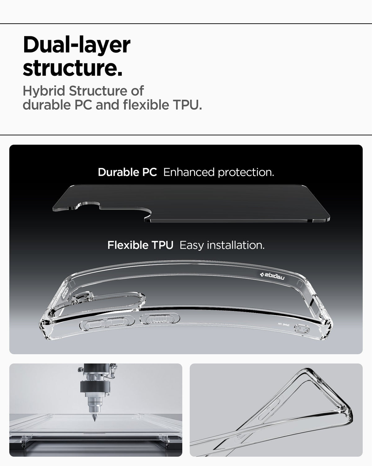 ACS08985 - Galaxy S25 Plus Case Ultra Hybrid in Crystal Clear showing the dual-layer structure. Hybrid Structure of durable PC and flexible TPU. Durable PC Enhanced protection. Flexible TPU Easy installation