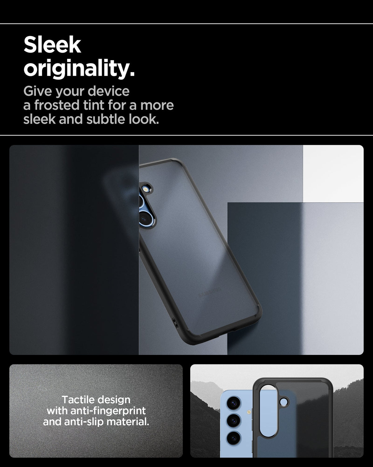 ACS08986 - Galaxy S25 Plus Case Ultra Hybrid in Frost Black showing the sleek originality. Give your device a frosted tint for a more sleek and subtle look. Tactile design with anti-fingerprint and anti-slip material