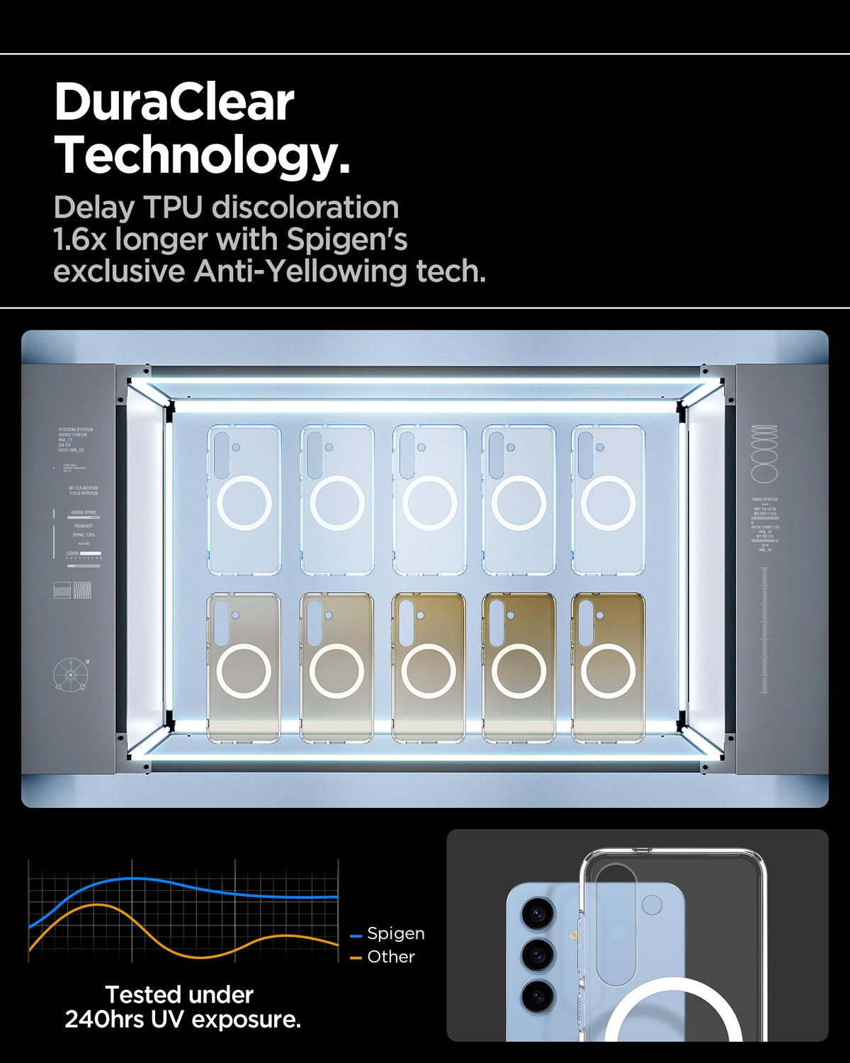 ACS08981 - Galaxy S25 Plus Case Ultra Hybrid Metal Ring (MagFit) in Clear White showing the DuraClear Technology. Delay TPU discoloration 1.6x longer with Spigen's exclusive Anti-Yellowing tech. Tested under 24Other UV exposure