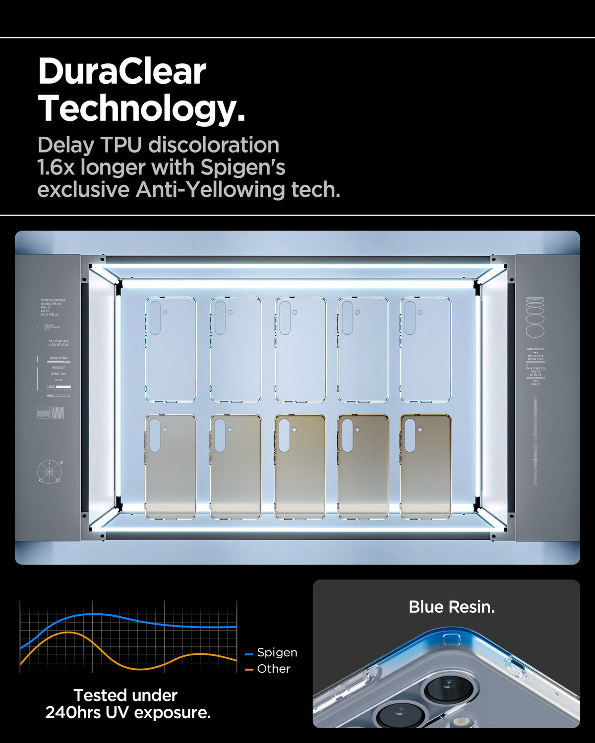 ACS08995 - Galaxy S25 Case Liquid Crystal in Crystal Clear showing the DuraClear Technology. Delay TPU discoloration 1.6x longer with Spigen's exclusive Anti-Yellowing tech