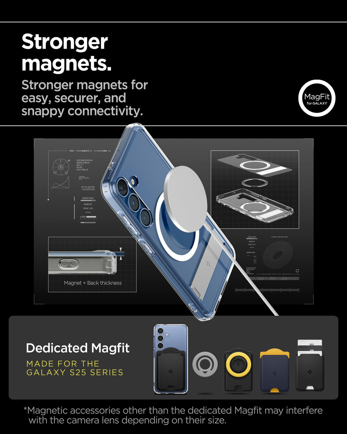 ACS08984 - Galaxy S25 Plus Case Ultra Hybrid S in Clear White showing the stronger magnets for easy, securer, and snappy connectivity. Magnetic accessories other than the dedicated Magfit may interfere with the camera lens depending on their size