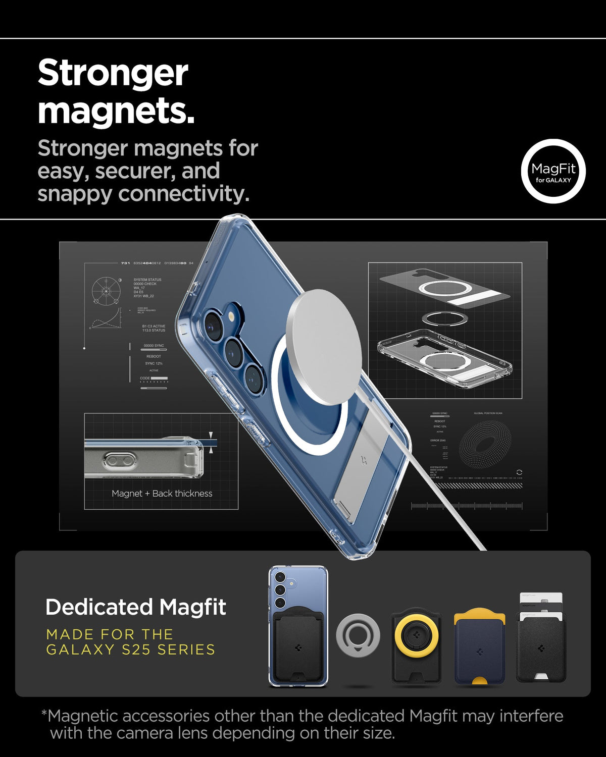 ACS09026 - Galaxy S25 Case Ultra Hybrid S in Clear White showing the stronger magnets for easy, securer, and snappy connectivity. Magnetic accessories other than the dedicated Magfit may interfere with the camera lens depending on their size