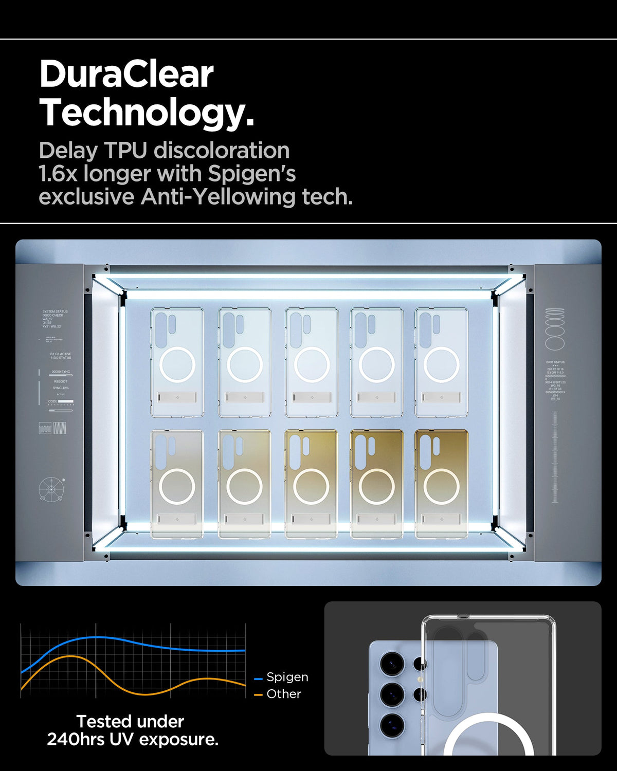 ACS08963 - Galaxy S25 Ultra Case Ultra Hybrid S in Clear White showing the DuraClear Technology. Delay TPU discoloration 1.6x longer with Spigen's exclusive Anti-Yellowing tech.