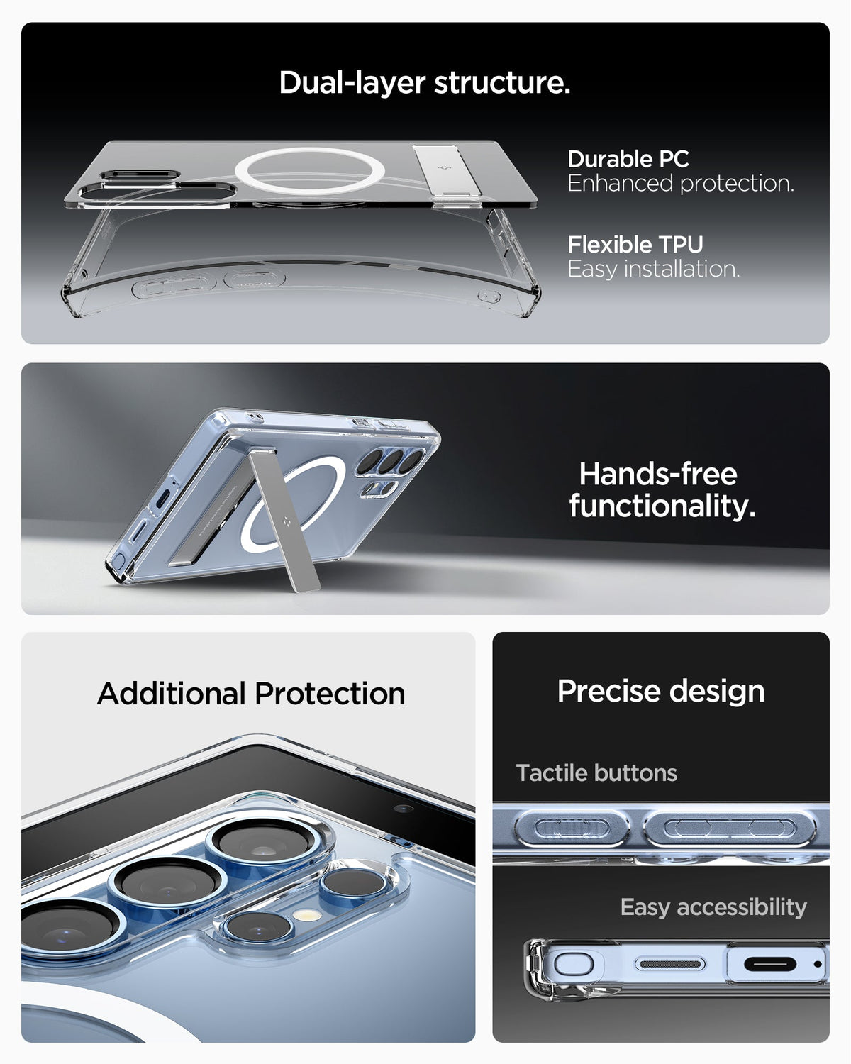 ACS08963 - Galaxy S25 Ultra Case Ultra Hybrid S in Clear White showing the dual-layer structure. Durable PC, enhanced protection. Hands-free functionality. Additional Protection. Precise design, tactile buttons and easy accessibility