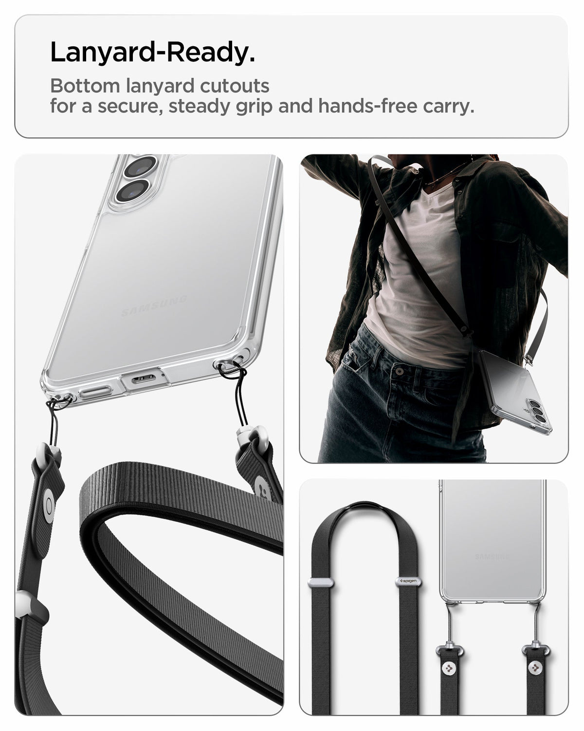 ACS11049 - Galaxy S26 Plus Case Ultra Hybrid Crystal Clear showing lanyard ready. Bottom lanyard cutouts for a secure steady grip and hands free carry