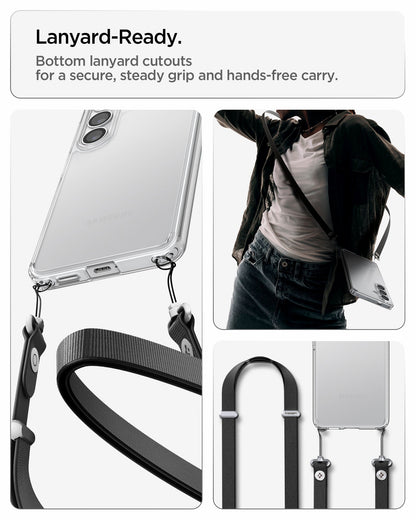 ACS11049 - Galaxy S26 Plus Case Ultra Hybrid Crystal Clear showing lanyard ready. Bottom lanyard cutouts for a secure steady grip and hands free carry