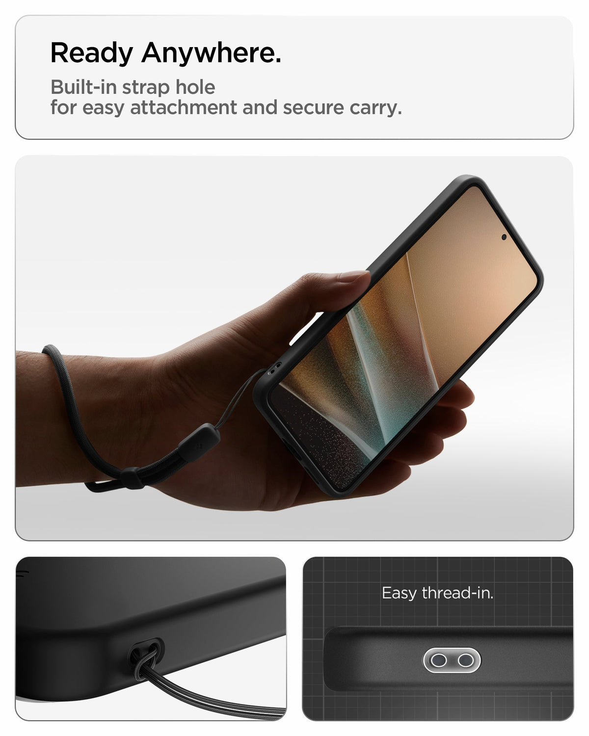 ACS11396 - Galaxy S26 Case Thin Fit (Mag Fit) Black showing ready anywhere. built in strap hole for easy attachment and secure carry